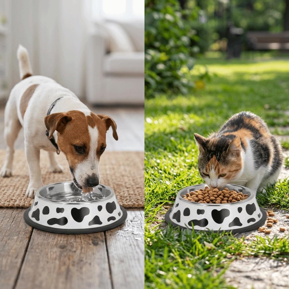 White Black Tone Dog Cat Food Bowl Round Shape Anti Slip Pet Bowl Metal Pet Bowl  Home Feeding 15cm