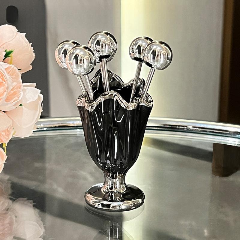 Mini Pleated Fruit Fork 6 Small Forks Household Safety Small Fork Set Storage Jar Cake Dessert Fruit Stick