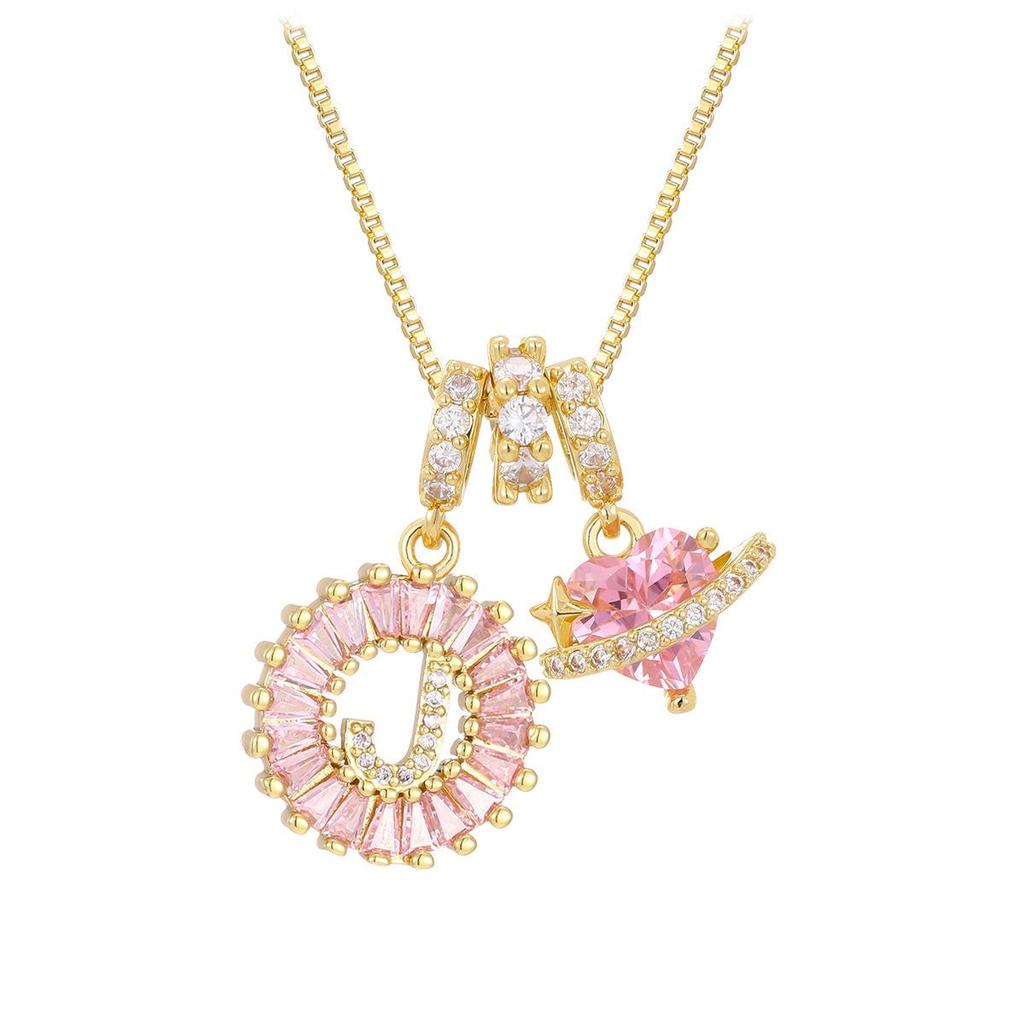 Pink Rock Candy 26-Letter Diamond Necklace with Gold-Plated Zircon and Round Flower Pendant