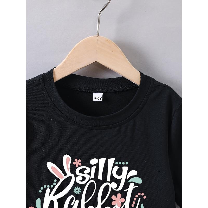 European Size Girls Summer Short Sleeve Easter Egg Jesus Bunny Ears Print T Shirt for Easter