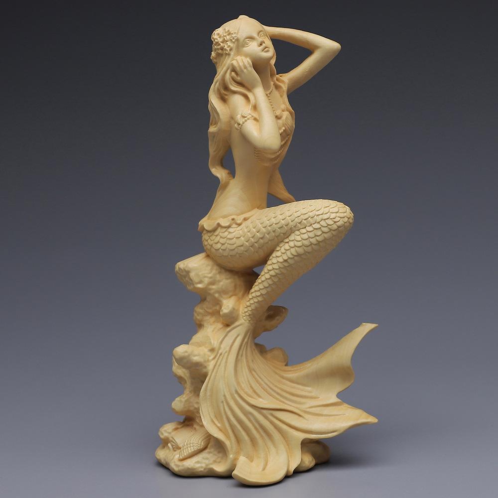 Natural Solid Wood Mermaid Figure Statue, Fantasy Figures Hand-Carved Lovely Home Room Office Decoration Statue 5.89 In