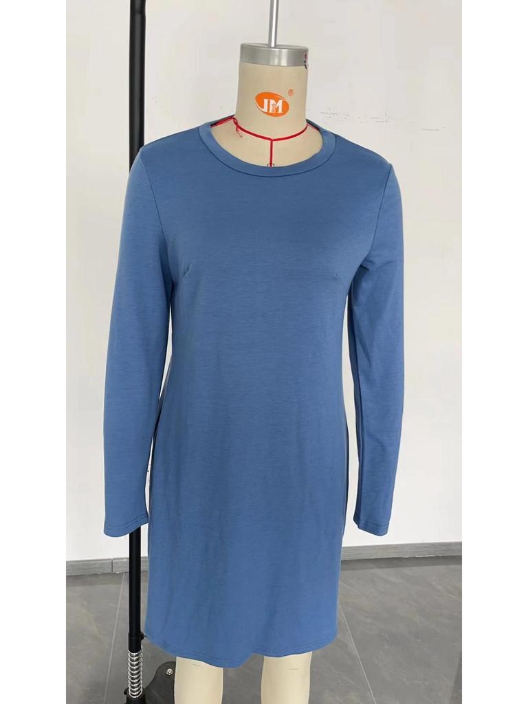 2024 Women's Casual Long Sleeve Slit Hem Dress with Round Neck