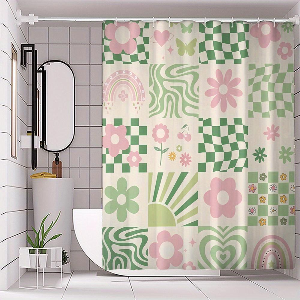 

Vikama 1-Piece Floral Green Plaid Bathroom Curtain Shower Curtain No-Drill Installation Extra-Wide Ring Divider Bath Curtain W60H190(CM)-1 Pcs