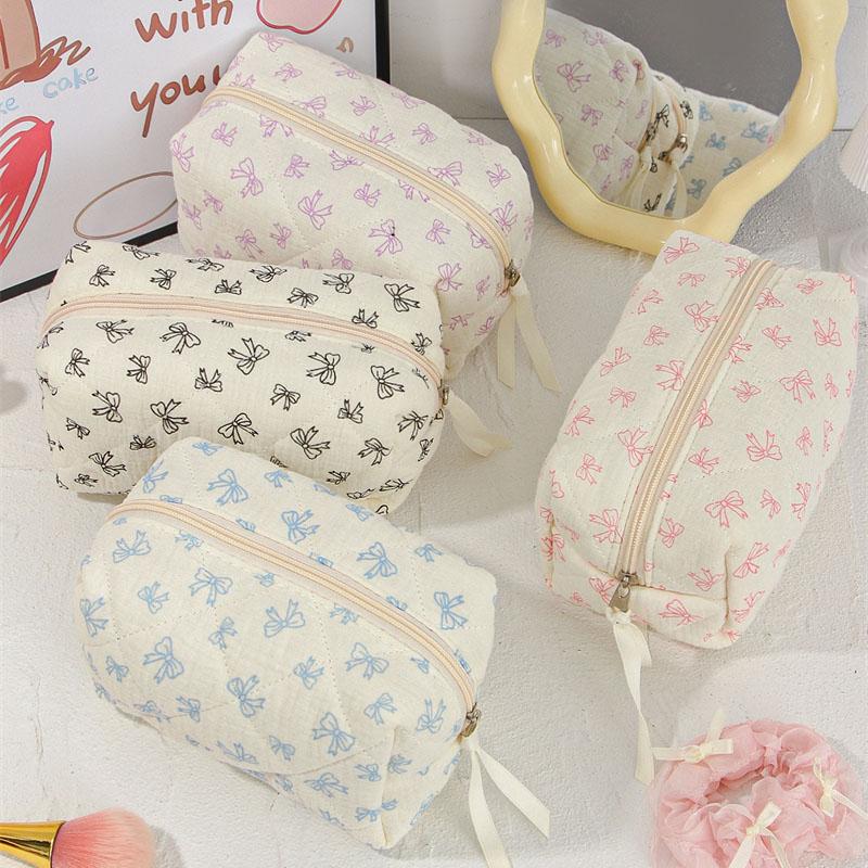 Ruffled Edge Bowknot Floral Print Makeup Bags Large Capacity Quilting Pen Bags Women Cosmetic Storage Bag Travel Wash Bag Clutch
