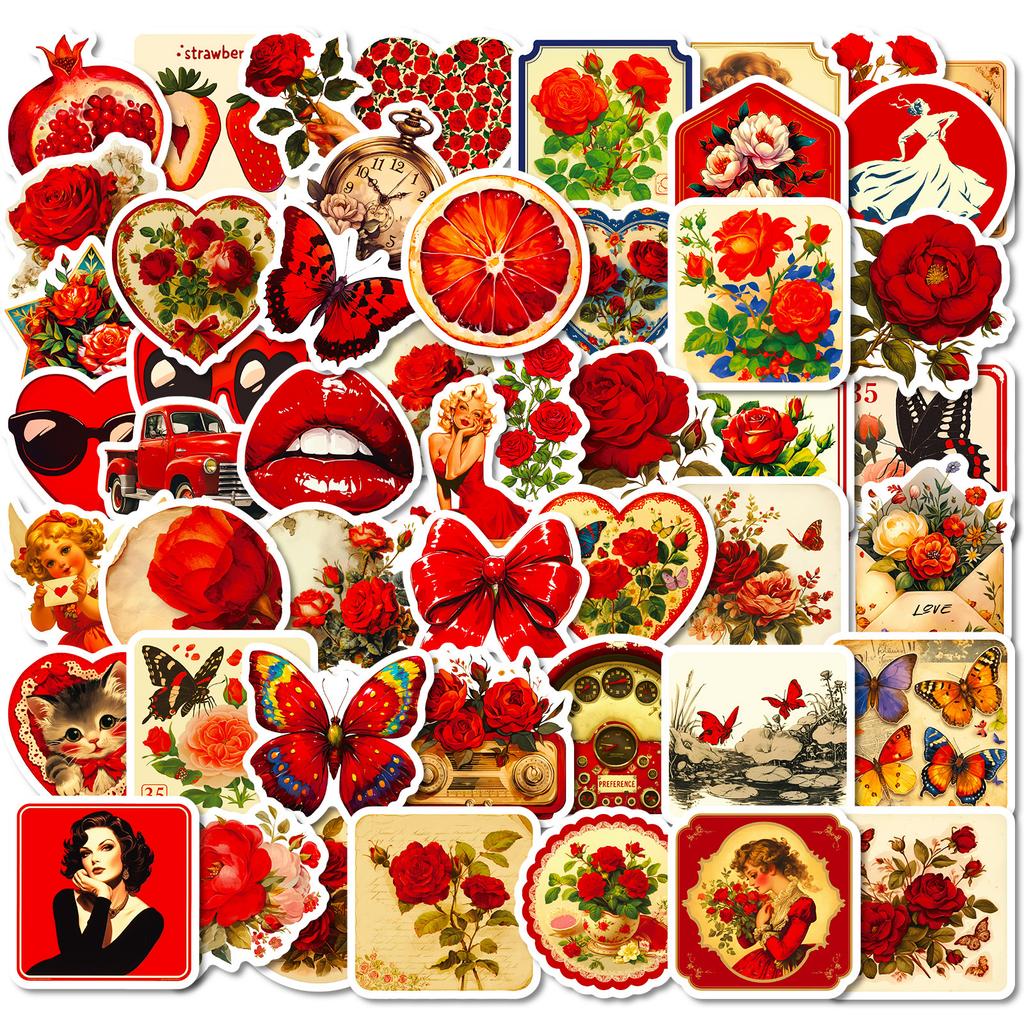 50PCS Retro Rose Aesthetic Art Graffiti Stickers with High Quality Guitar Luggage Decoration Stationery Stickers