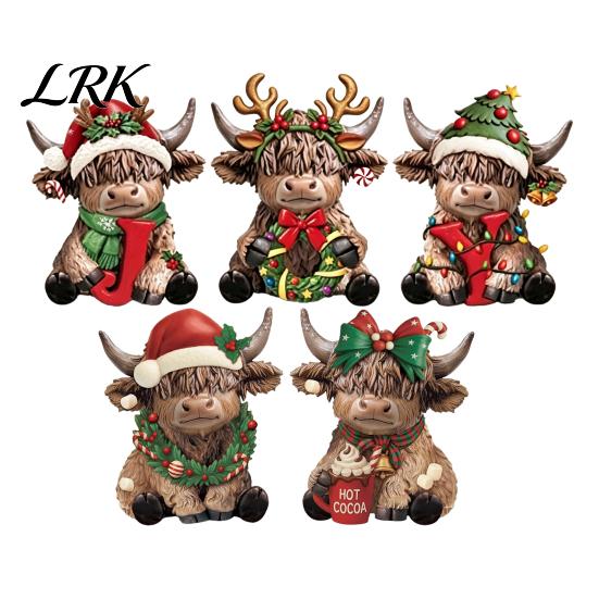 Wooden Holiday Tree Decorations 2/3Pcs Christmas Highland Cow Tabletop Sign, 2D Flat Yak Desktop Figurines Figurine Ornament with Garland Bow