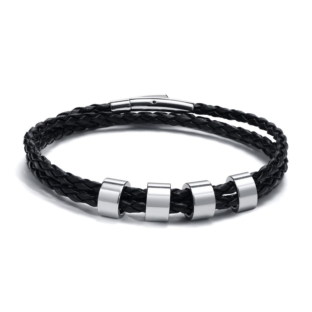 Vnox Free Custom Name Mens Braided Genuine Leather Bracelet Gifts Jewelry,Stainless Steel Beads Charm with Family Names,Dad Gift