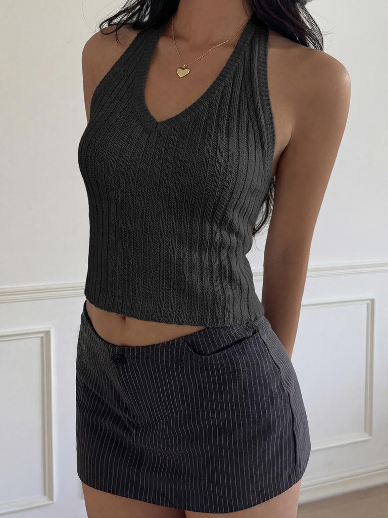 Women Sexy Backless Halter Slim Cropped Ribbed Tank Top