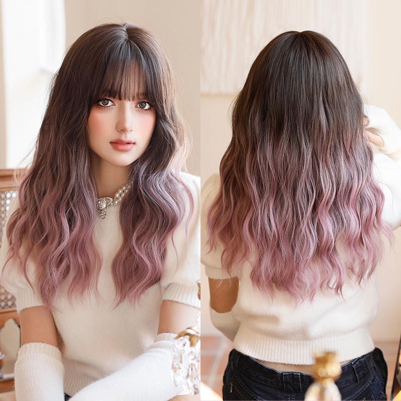 Professional  WIGS Long Body Wavy Sakura Pink Wig for Sweet Girl High Density Synthetic Loose Curly Hair Wig with Bangs Beginner Friendly