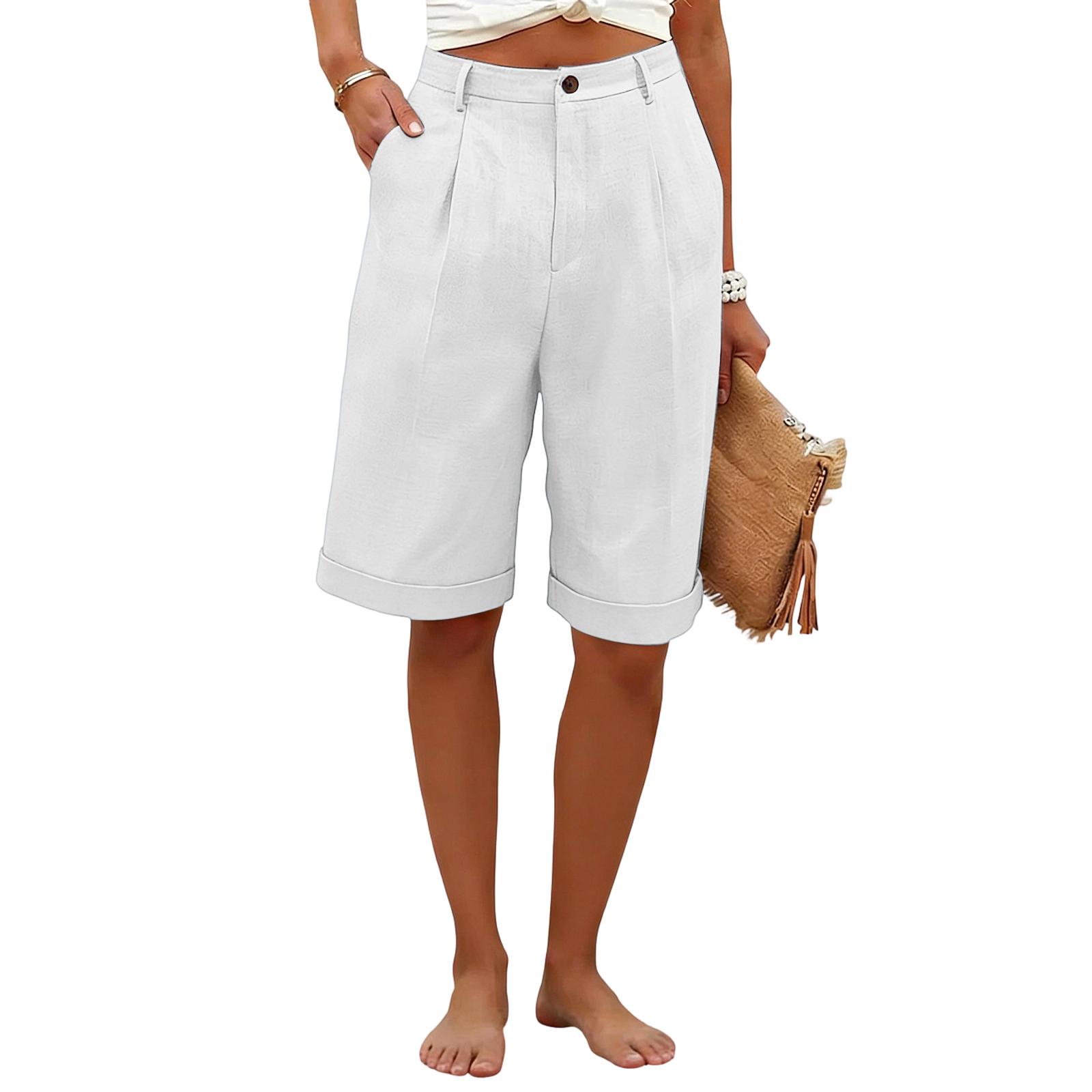 

Women s Color Casual Fashionable Breathable Loose Cotton Linen Five Quarter Pants XL білий