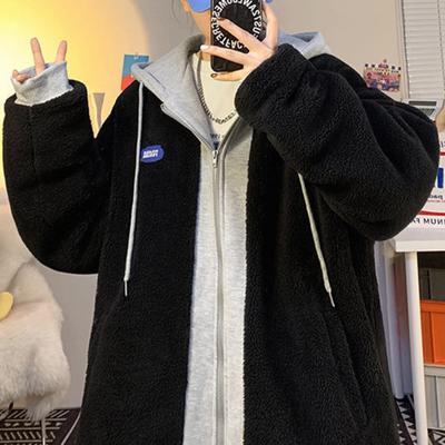 Imitacja owczej wełny patchworkowa bluza z kapturem zamek kieszenie ze sznurkiem Colorblock zimowy gruby ciepły płaszcz luźna bluza z kapturem prezent dla par