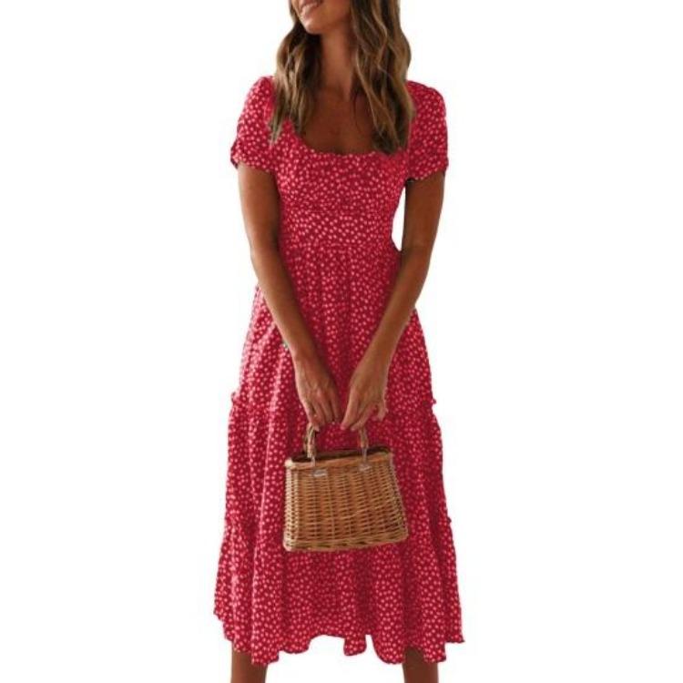Small Flower Print Patchwork Dress Pleated Bubble Shirring Dating Vacation Short Square Neck Midi Womens Flowy A-line