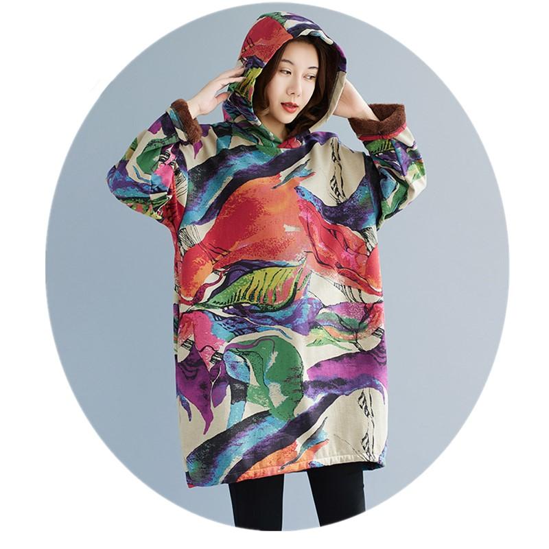 Long Sleeve Plus Size Cotton Hooded Vintage Floral New In Dresses for Women Casual Loose Mini Spring Autumn Winter Dress