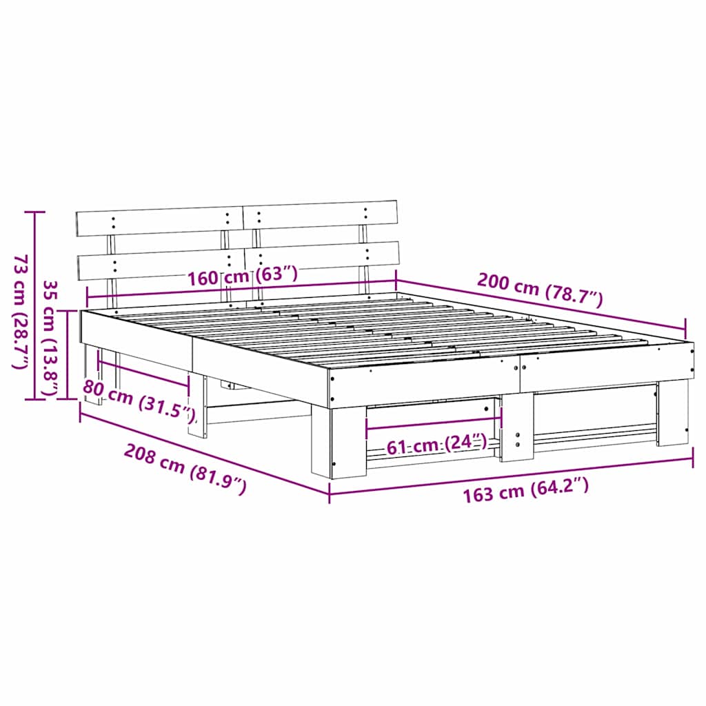 Brown Bed Frame with Headboard 160 x 200 cm Solid Pine Wood