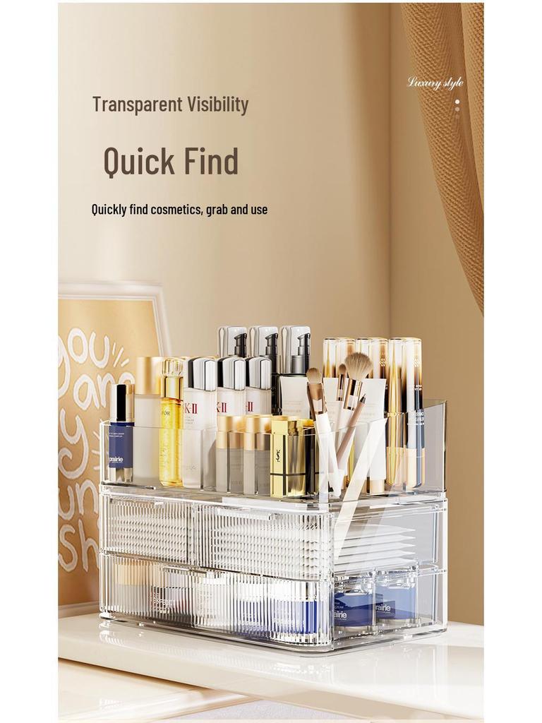 Elegancki dwuwarstwowy pyłoszczelny organizer na kosmetyki z uchylnym wiekiem na makijaż i pielęgnację skóry.