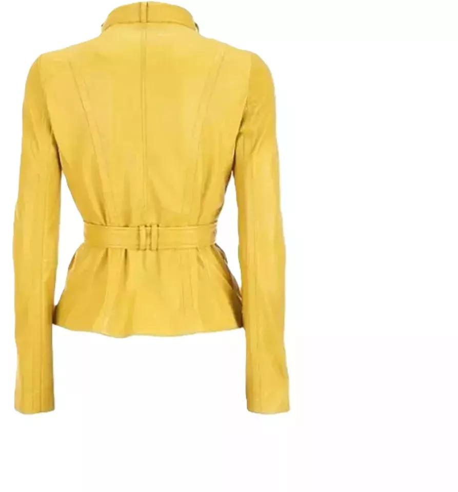 Women's Genuine Lambskin Leather Yellow Jacket Designer Biker Jacket Belted Coat