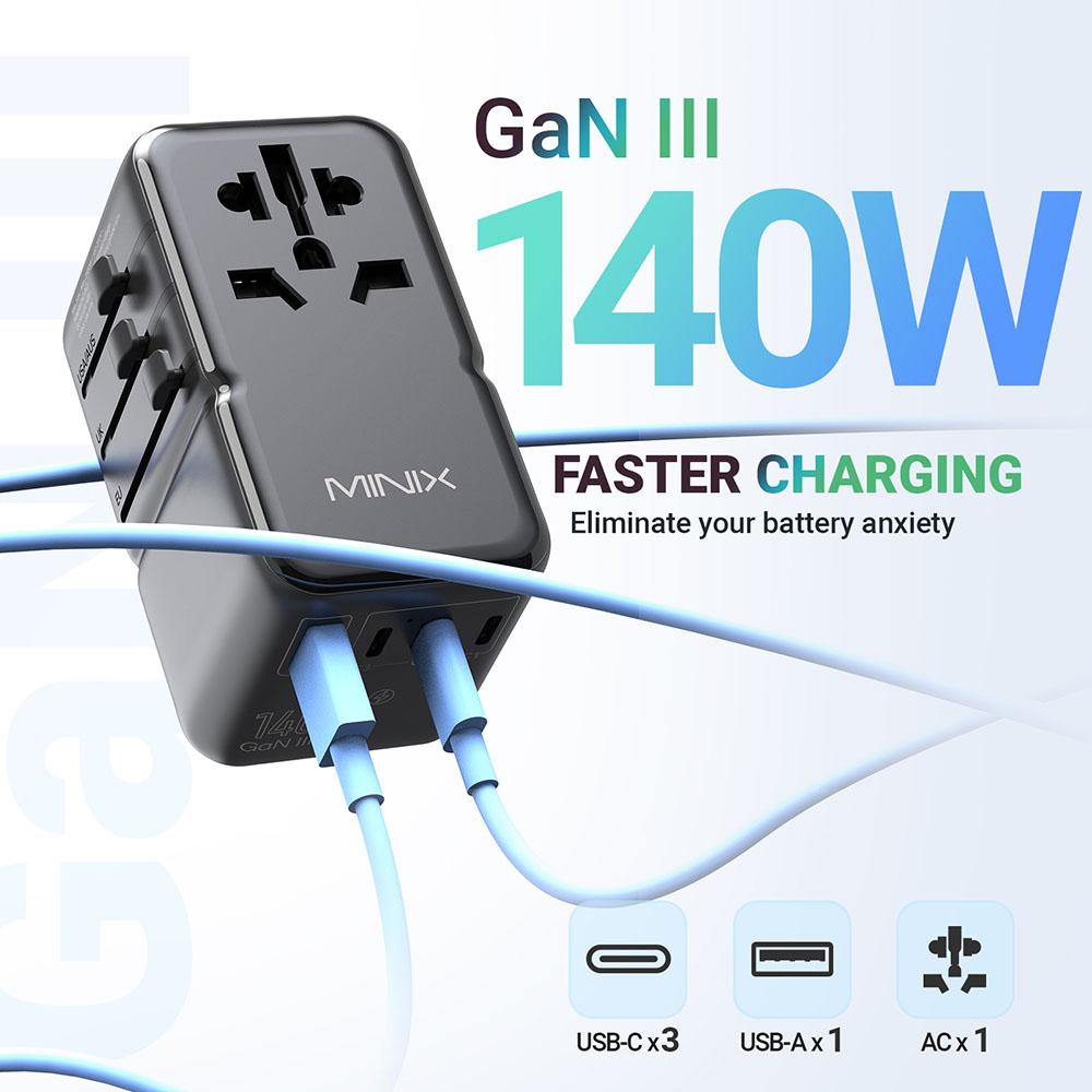 Adaptor Universal de Călătorie MINIX TP140 140W, 3*USB-C 1*USB-A