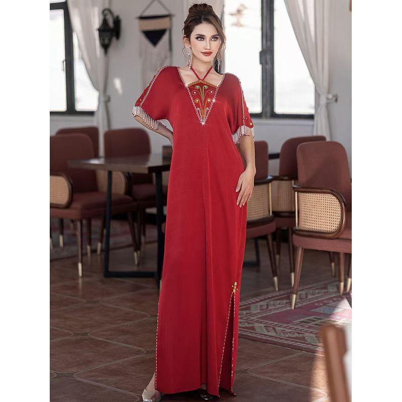 

Middle East New Fashion Handmade Embroidery Tassel Dress Hand Embroidered Tassel Dress Red L