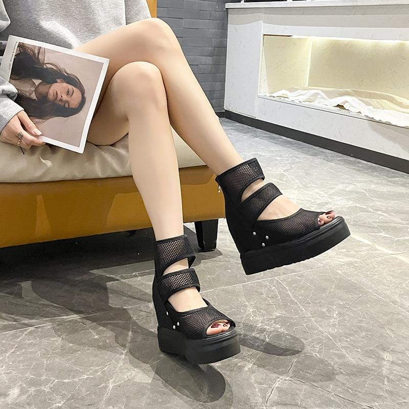 Muffin slope heel cool boots women's summer new thick-soled net boots fish mouth mesh water table high-heeled sandals women