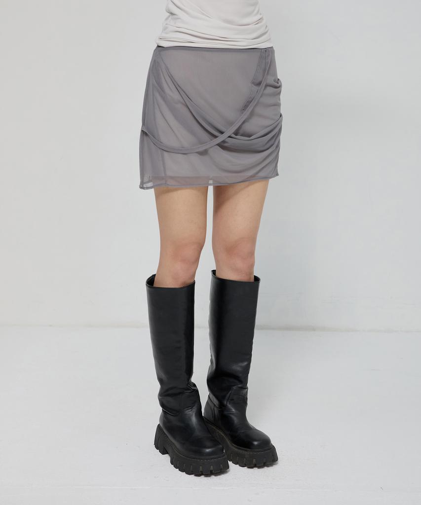 Peulleeoeob Draped Mesh Layered Mini Skirt (Fl-265_Gray)