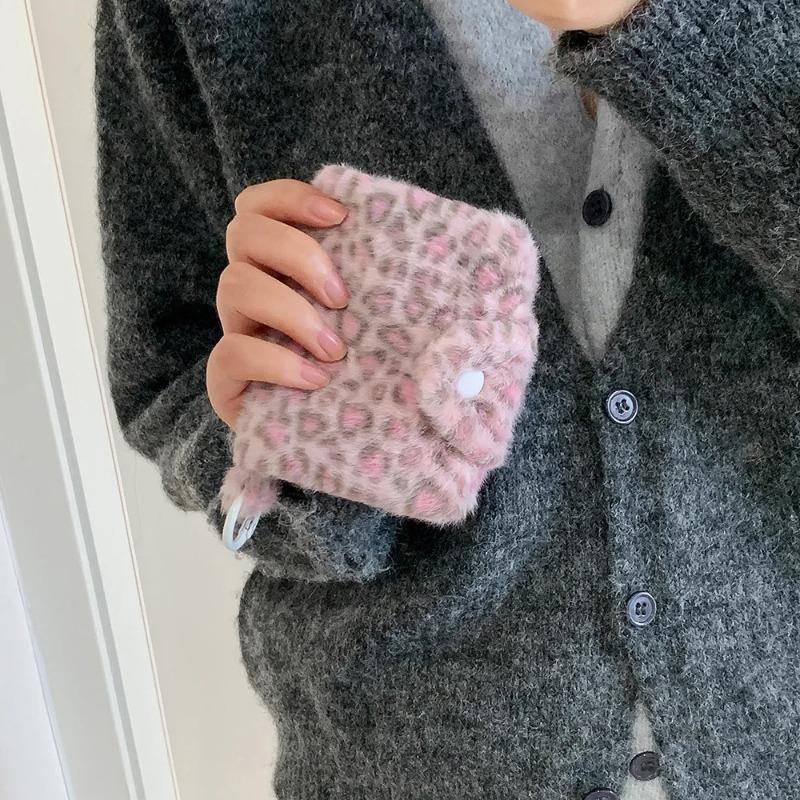 1pcs Female Leopard Print Plush Snap Button Coin Purse High-value Pendant Small Wallet Student Portable Meal Card Storage Bag