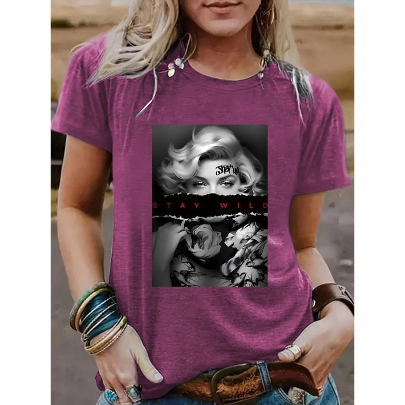 Letní dámské oblečení Vzor plakátu Čistá bavlna Kulatý výstřih Krátký rukáv Ležérní módní trička Dámská