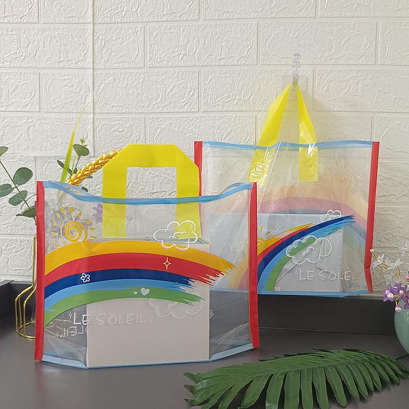 

Rainbow Transparent Tote: Kids Party Favor & Gift Bag in Large, Medium, or Small Fantastic Rainbow (5 pcs Trial); Small 35x25