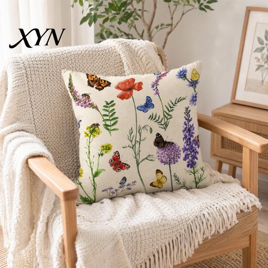 Soft Fabric Cushion Case Floral Cover, 18x18 Inch Decorative Throw Pillow Cover with Hidden Zipper, Elegant Color Plant Insect Flower Patterns,
