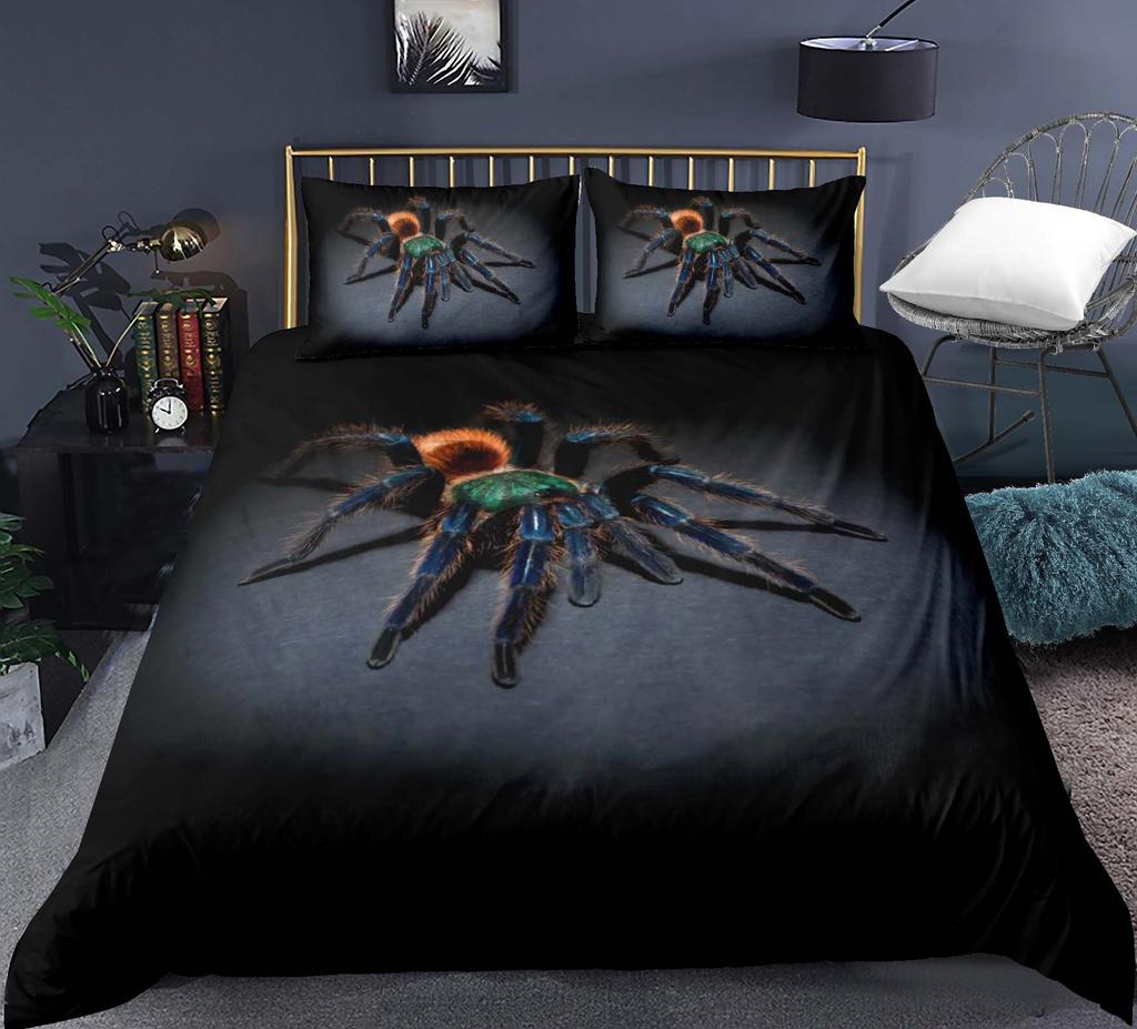 Tarantula Baskılı Yatak Örtüsü Seti King Full 3D Baskı Siyah Örümcek Yorgan Kılıfı Seti Böcek Temalı Erkek Çocuk Genç Polyester Yatak Örtüsü Seti