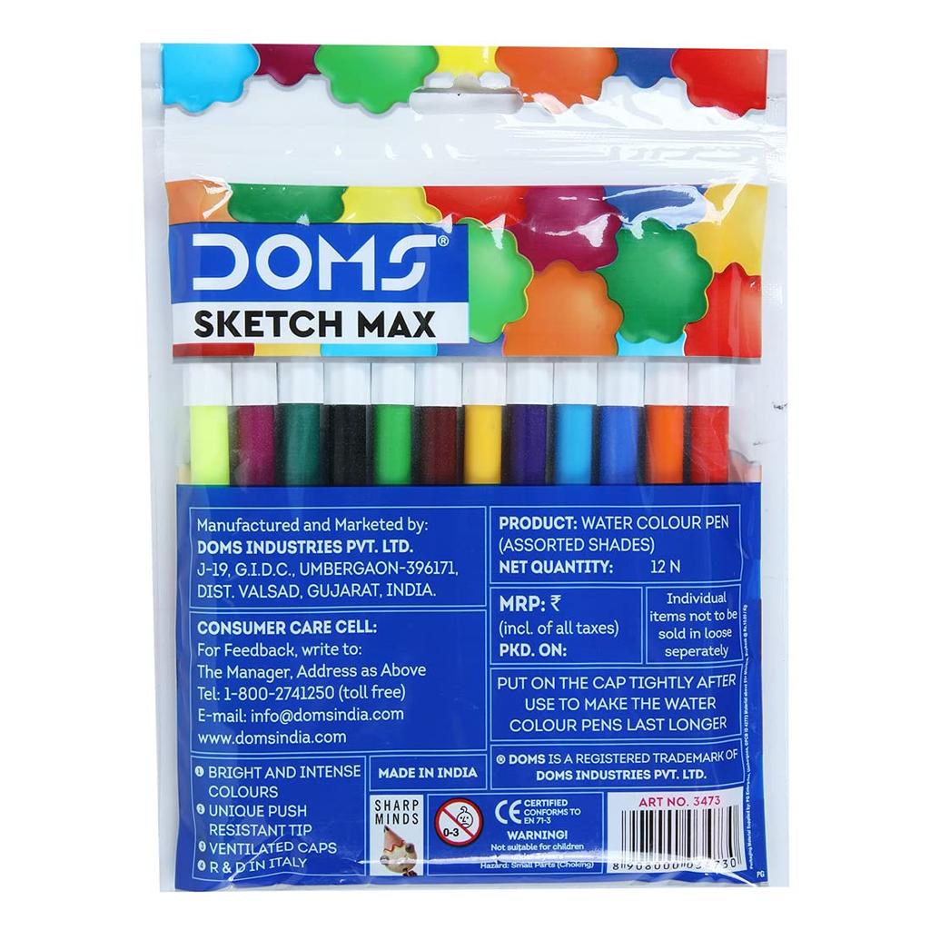 DOMS Sketch Max 12 Shades Non Toxic Water Colour Sketch Pens Pack of 1 for Kids Drawing and Colouring Set Art Kit