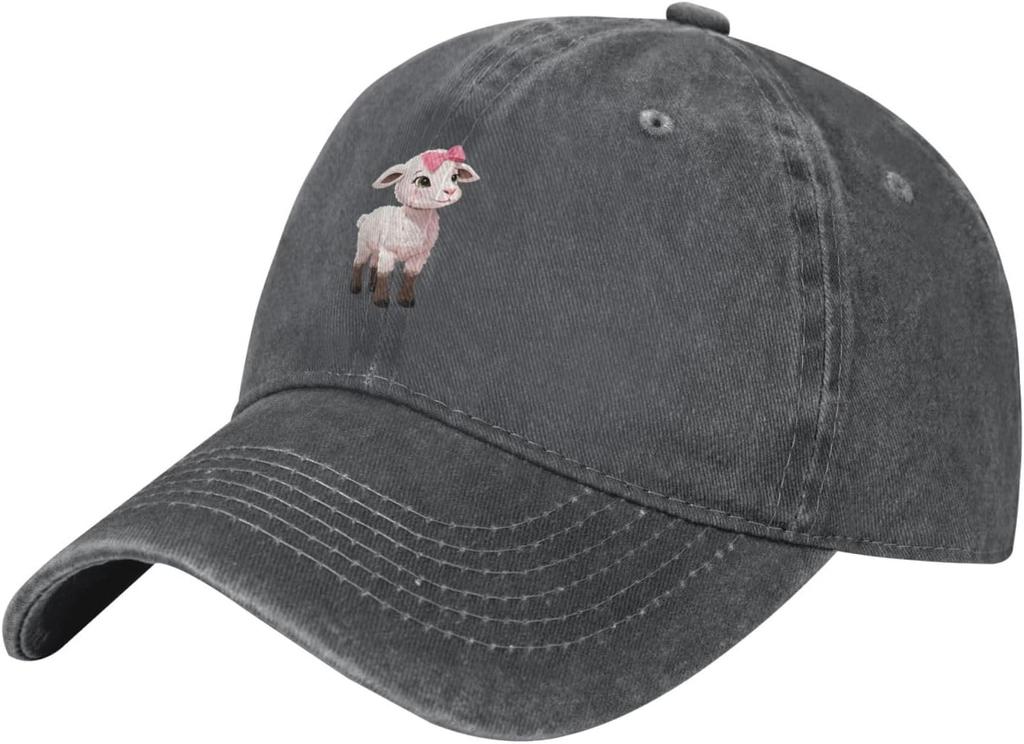 Pink Bow Lamb Embroidered Baseball Cap Washed Denim Casual Adjustable Cotton Hat Unisex