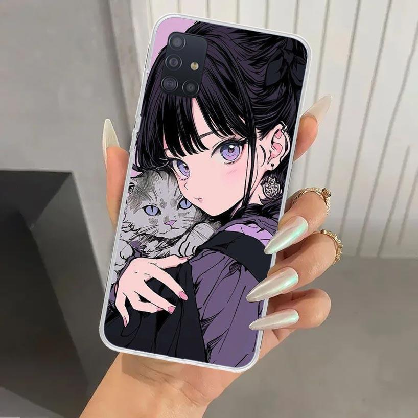 Anime Girls Cute Black Cat Phone Case for Samsung Galaxy A52 A32 A22 A12 A02S A50S A30S A10S Note 20 Ultra 10 Plus S10 A31 A20 A