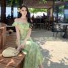 Seaside Vacation Green Floral Small Flying Sleeve Dress Gentle Temperament Beautiful Waist a Word Beach Dress