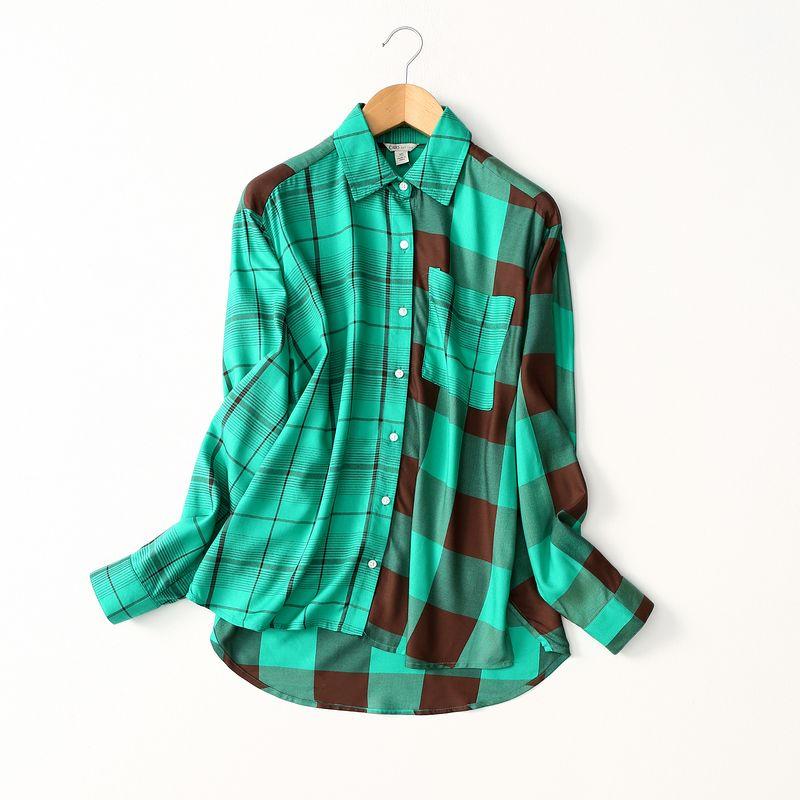 

Foreign Trade Plus size women clothing Loose Casual Contrast Color Plaid Cotton Silk Shirts Spring Artificial Cotton Single-Breasted Shirt Green XL