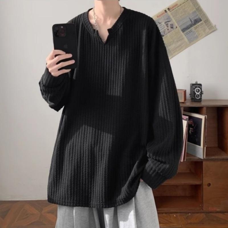 Spring Autumn V-neck Solid Color Casual Fashion Pullover Tee Male Long Sleeve All-match Bottomed T-shirt Top Men