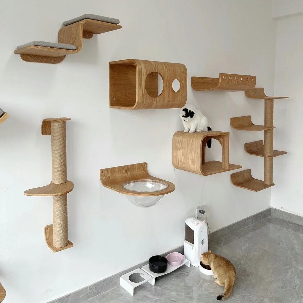 1 Stück Wandmontiertes Katzenkletterregal Mond-Katzennest Vier Stufen Klettern Massive Holzstufen Hängematte