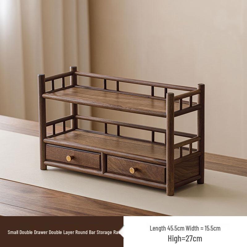 Guanlan Walnut Wood Tea Table with Double Drawer and Display Shelves for Tea Pot and Cup Storage
