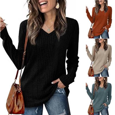 Women's V-Neck Knit Sweater Long Sleeve Solid Color Pullover Casual Everyday Top