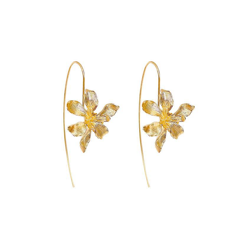 Iris Metal Flower Ear Hook Earrings: Elegant Retro Palace Style for Women