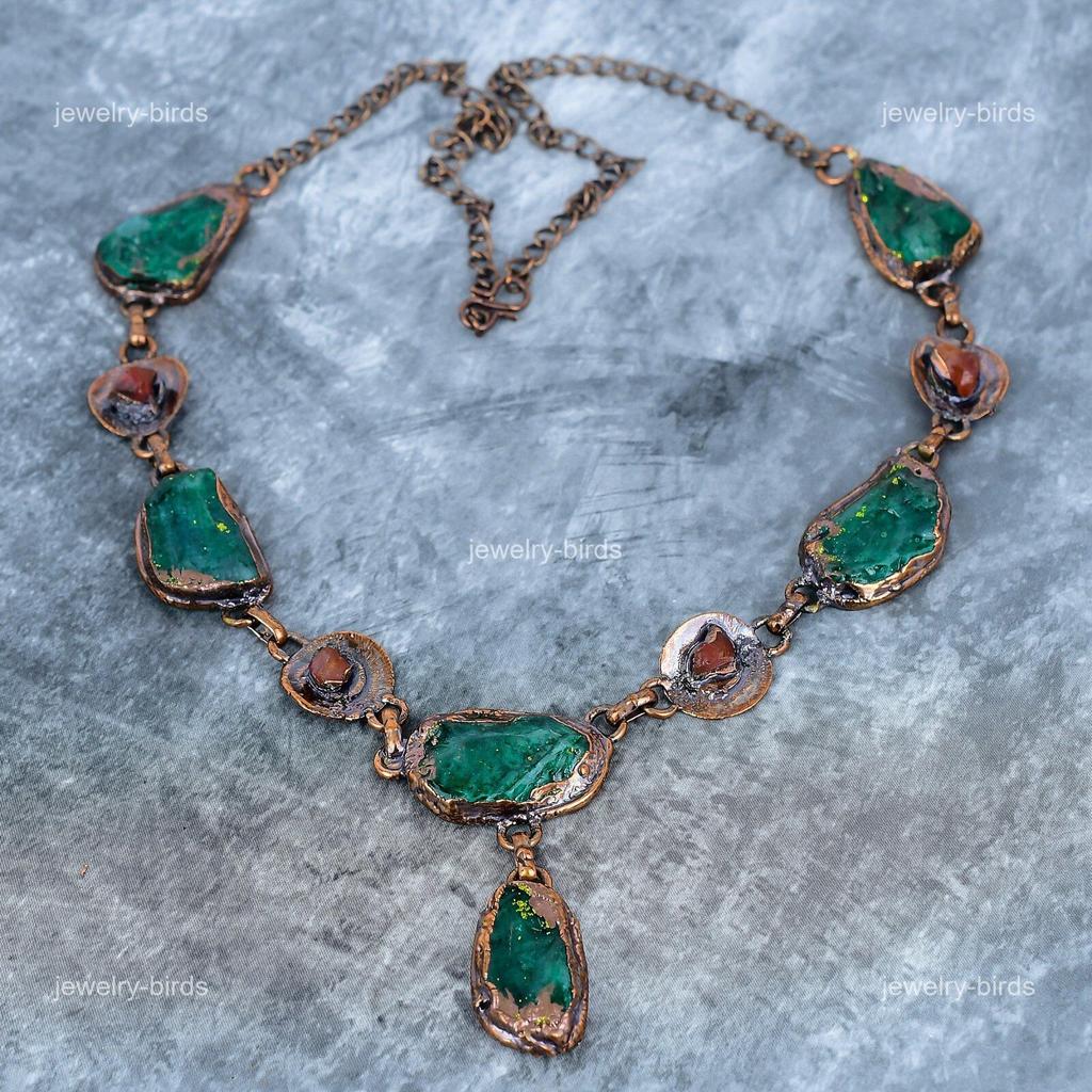 Fancy Green Tourmaline Gemstone Copper Electroformed Chain Handcrafted Necklace VP-109