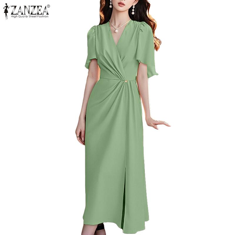 ZANZEA Women Casual V-Neck Summer Short Sleeve Long Dress