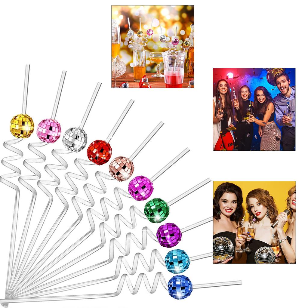 6Pieces Discos Balls Straws 1970s Discos Party Decorations Reusable Plastic Straws Reflective Stirrers Cocktail Decor