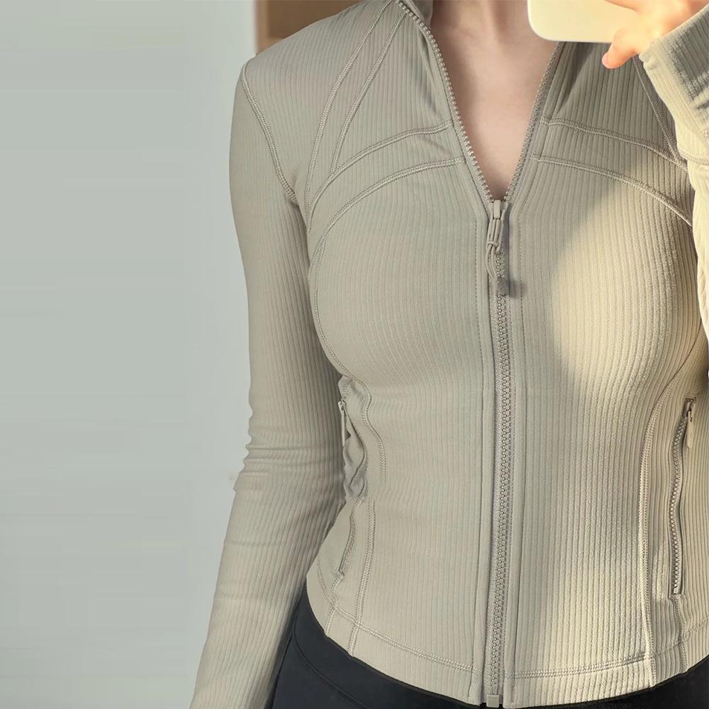 

Женская рубчатая облегающая быстросохнущая куртка для йоги - Длинный рукав, воротник-стойка, верхняя одежда на весну/осень M