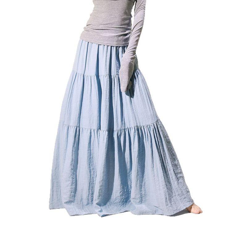 Women’s Summer Boho Skirts Flowy Swing Tiered A-Line Maxi Skirt Trendy Elastic Waist Pleated Long Beach Skirt Pleated Ruffle Long Skirts for Women