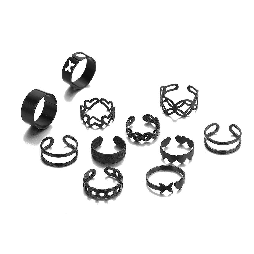 

Набор из 11 ретро черных колец на фаланги с бабочками и сердцами