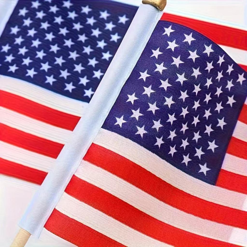 24 Pack Handheld Small Flags with Wooden Poles Gold Plastic Spear Tops 10x15cm Polyester Flags for Events Parades Parties Decorations