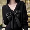 New 2024 Arctic Velvet V-neck Bow Knit Sweater - Soft, Comfortable Acrylic Nylon Top