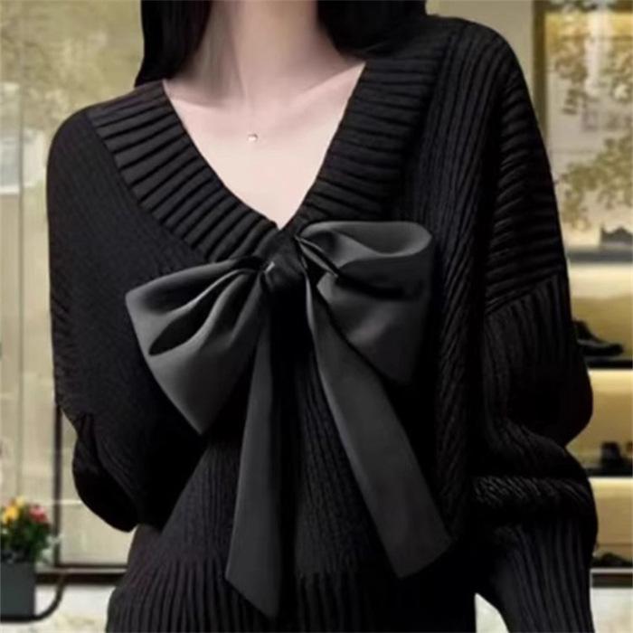 New 2024 Arctic Velvet V-neck Bow Knit Sweater - Soft, Comfortable Acrylic Nylon Top