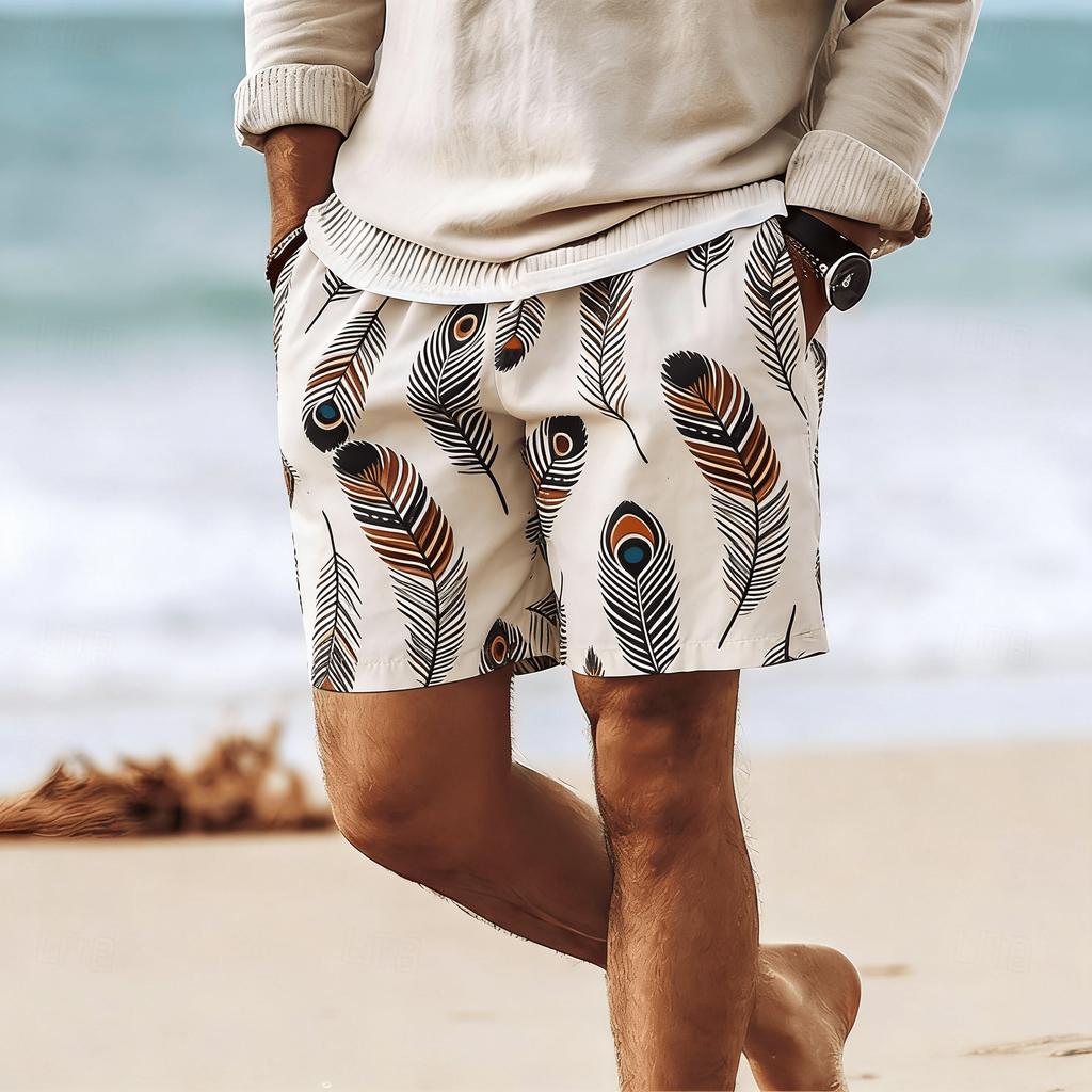 Men's Wave Rhombus Embroidery Print Drawstring Shorts, Spring Summer Ethnic Vacation Casual Shorts, Pocket Beach Shorts