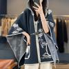Women's Retro Wool Jacquard Hooded Cardigan Cape Shawl